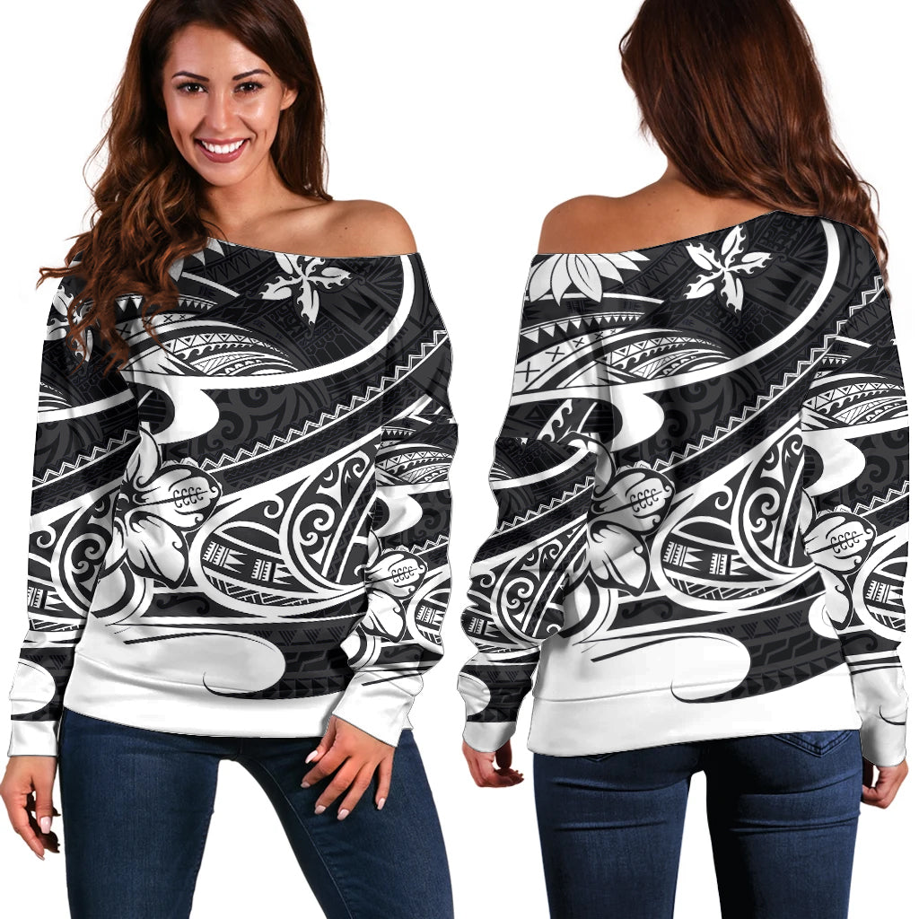 Polynesian Tribal Off Shoulder Sweater Black LT6 Women Black - Polynesian Pride