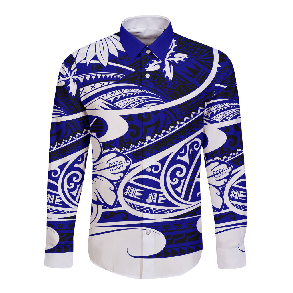 Polynesian Tribal Long Sleeve Button Shirt Blue LT6 Unisex Blue - Polynesian Pride