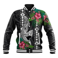 Hawaii Kakau Baseball Jacket Mix Sharks Polynesian Hibiscus LT6 Unisex Black - Polynesian Pride