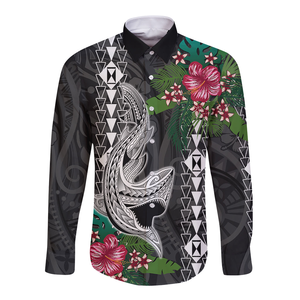 Hawaii Kakau Long Sleeve Button Shirt Mix Sharks Polynesian Hibiscus LT6 Unisex Black - Polynesian Pride