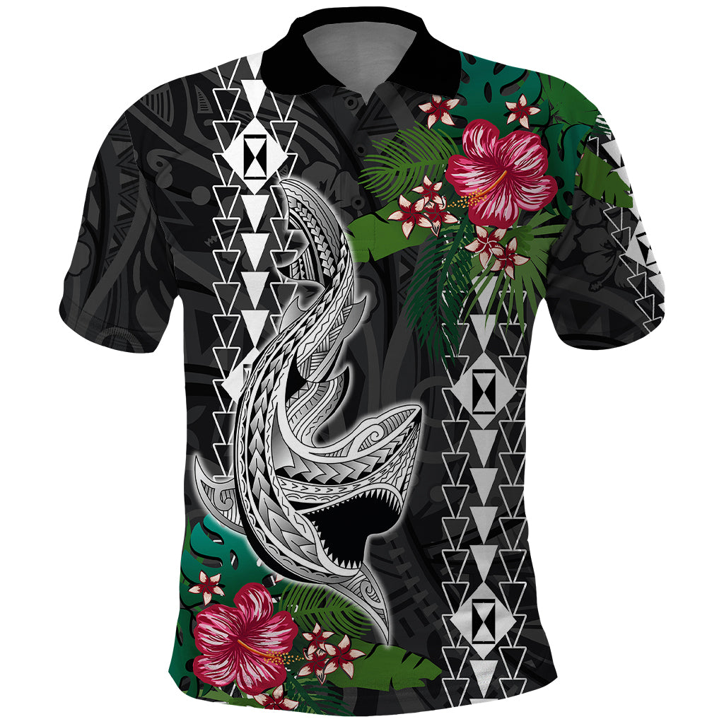 Hawaii Kakau Polo Shirt Mix Sharks Polynesian Hibiscus LT6 Black - Polynesian Pride