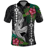 Hawaii Kakau Polo Shirt Mix Sharks Polynesian Hibiscus LT6 Black - Polynesian Pride