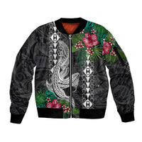 Hawaii Kakau Sleeve Zip Bomber Jacket Mix Sharks Polynesian Hibiscus LT6 Unisex Black - Polynesian Pride