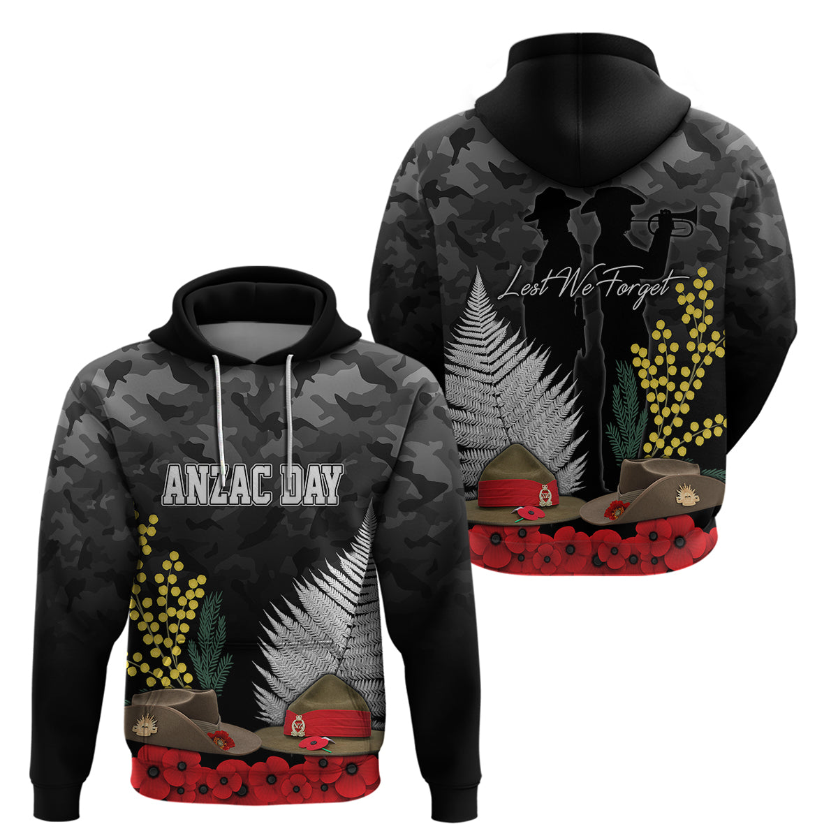 ANZAC DAY Hoodie Camo Style Slouch Hats Mix Silver Fern Golden Wattle LT7 Pullover Hoodie Black - Polynesian Pride