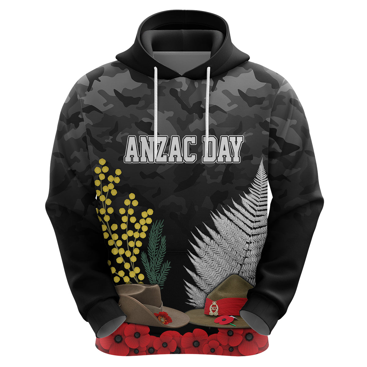 ANZAC DAY Hoodie Camo Style Slouch Hats Mix Silver Fern Golden Wattle LT7 Zip Hoodie Black - Polynesian Pride