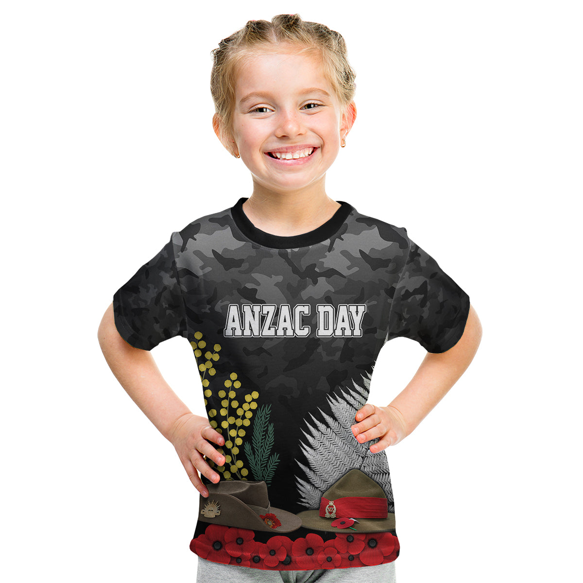 ANZAC DAY Kid T Shirt Camo Style - Slouch Hats Mix Silver Fern Golden Wattle LT7 Youth XL Size14 - Polynesian Pride