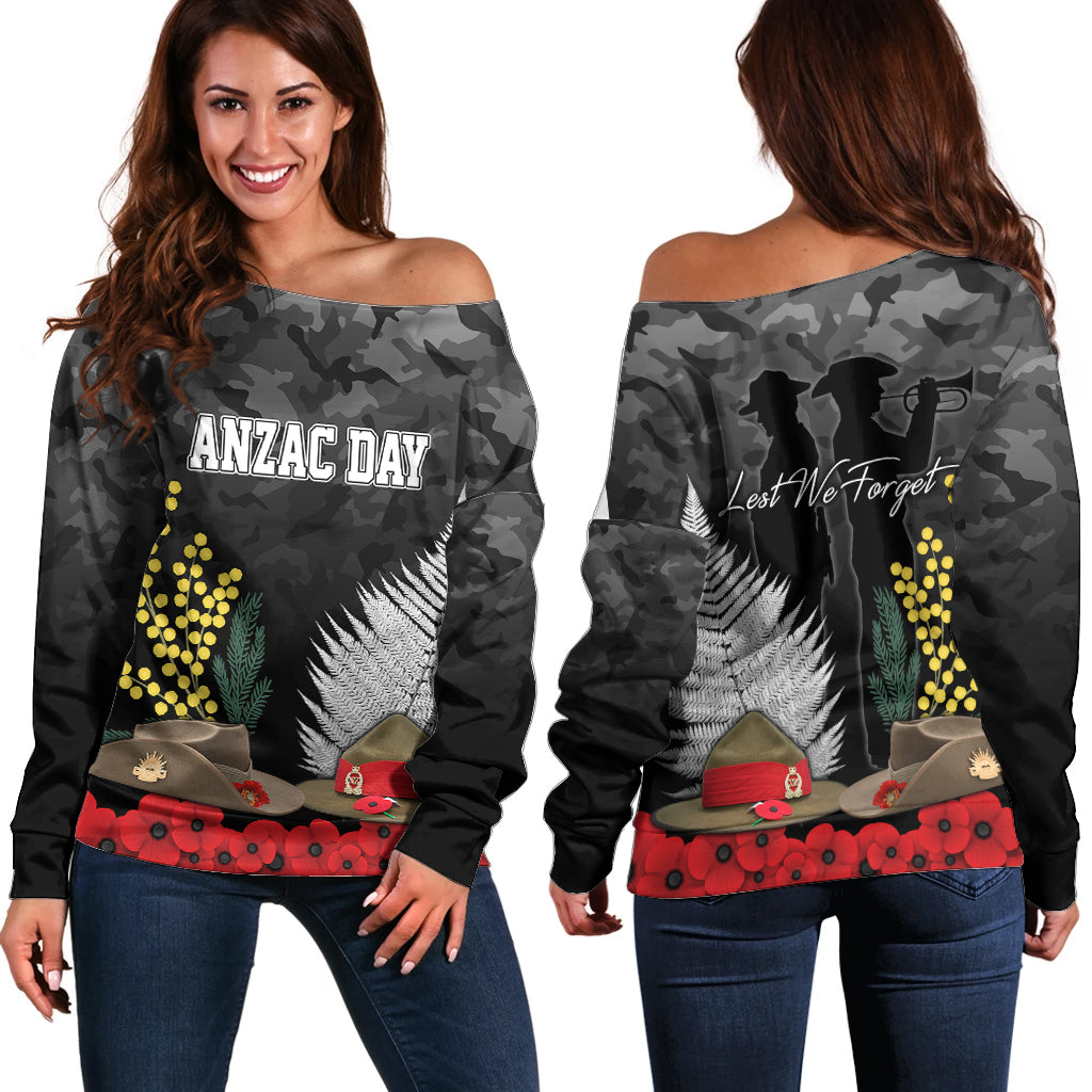 ANZAC DAY Off Shoulder Sweater Camo Style - Slouch Hats Mix Silver Fern Golden Wattle LT7 Women Black - Polynesian Pride