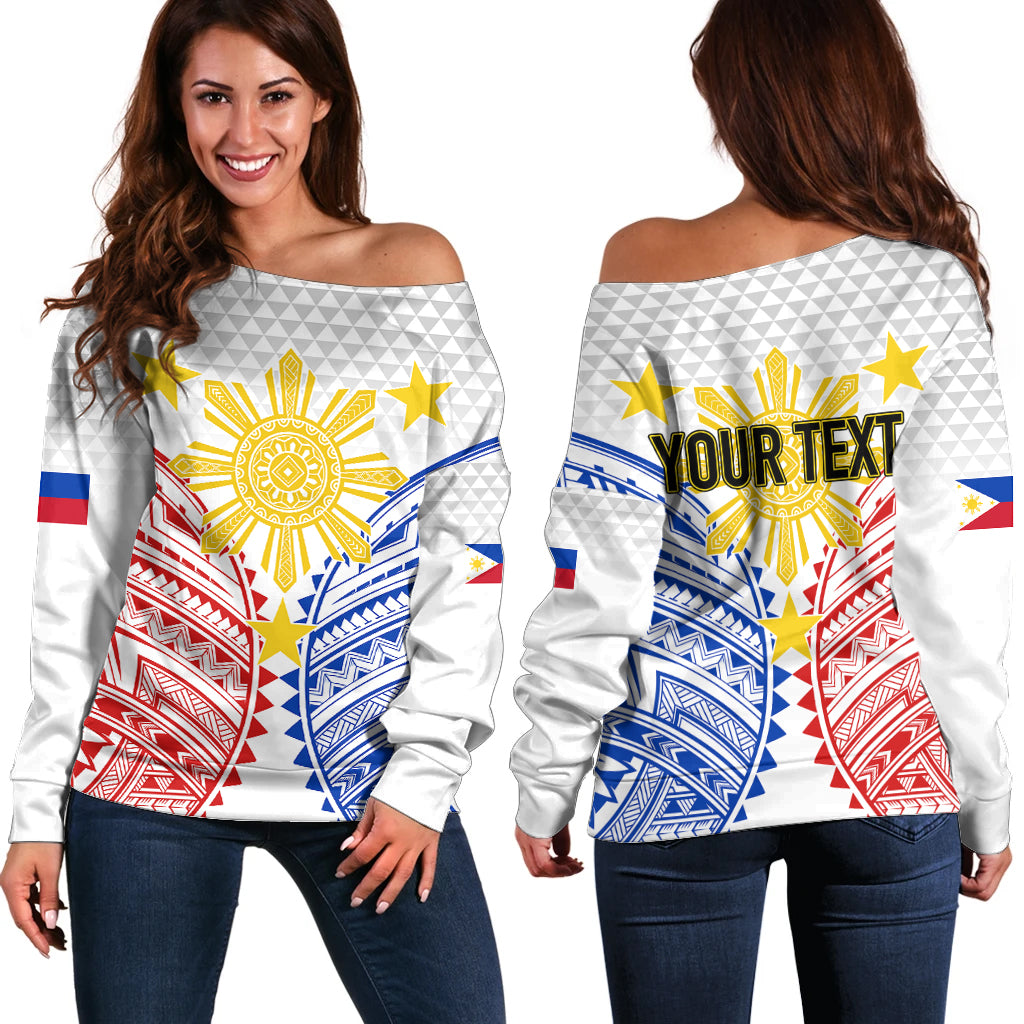 Personalised Philippines Independence Day Off Shoulder Sweater Tribal Sun and Stars Ver 01 LT7 Women White - Polynesian Pride