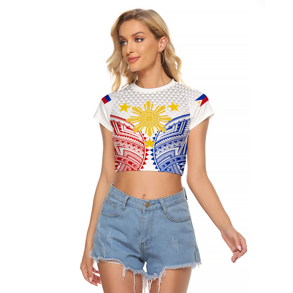 Personalised Philippines Independence Day Raglan Cropped T Shirt Tribal Sun and Stars Ver 01 LT7 Female White - Polynesian Pride