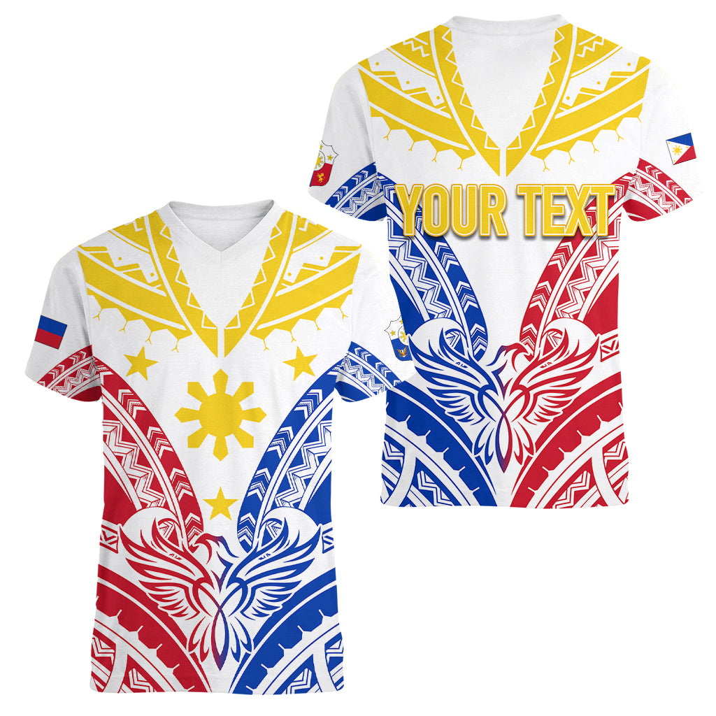 Personalised Philippines Independence Day Women V Neck T Shirt Tribal Sun and Stars Ver 02 LT7 Female White - Polynesian Pride