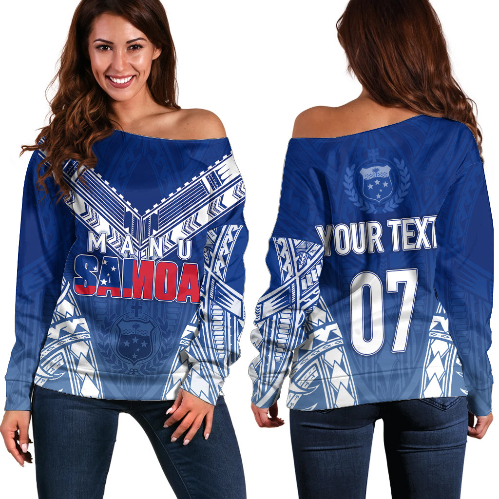 Personalised Samoa Rugby Off Shoulder Sweater Manu Samoa Gradient Blue LT7 Women Blue - Polynesian Pride