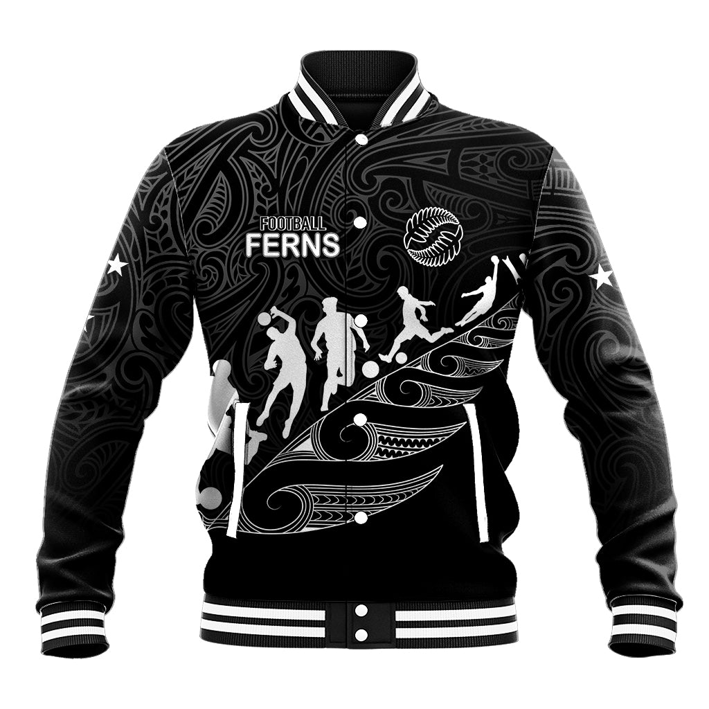 Personalised New Zealand Football Ferns Baseball Jacket Women's World Cup 2023 Tribal Koru Pattern LT7 Unisex Black - Polynesian Pride