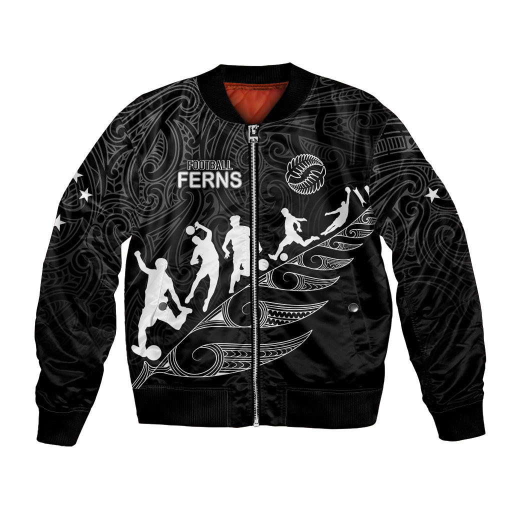 Personalised New Zealand Football Ferns Bomber Jacket Women's World Cup 2023 Tribal Koru Pattern LT7 Unisex Black - Polynesian Pride