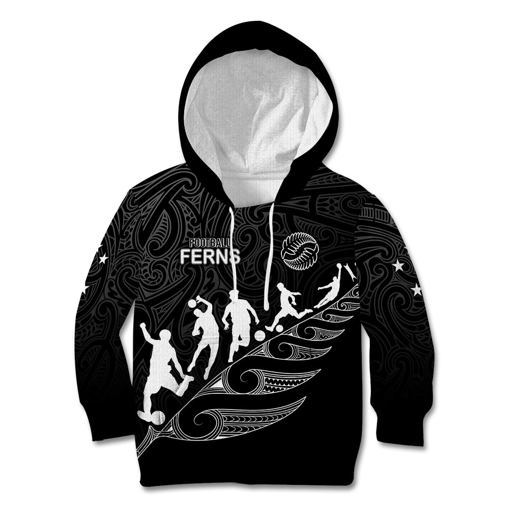 Personalised New Zealand Football Ferns Kid Hoodie Women's World Cup 2023 Tribal Koru Pattern LT7 Hoodie Black - Polynesian Pride