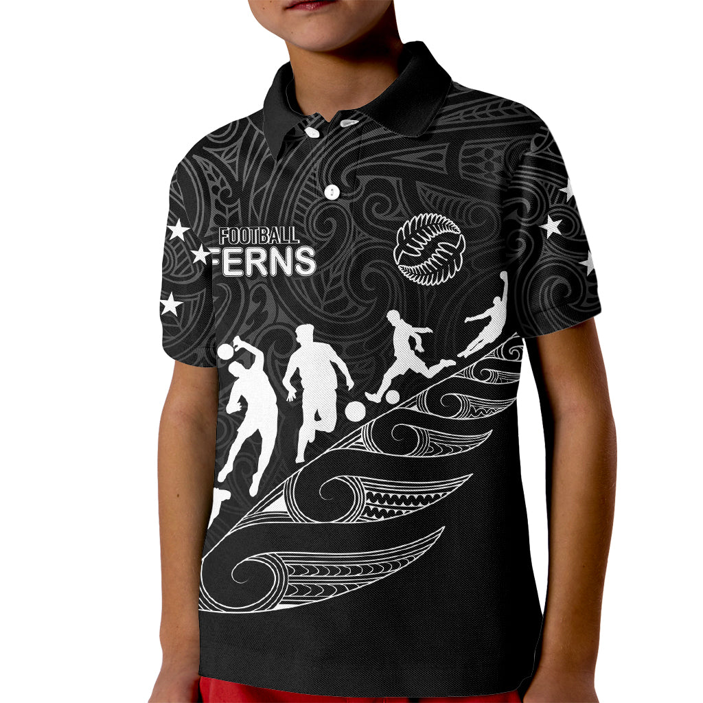 Personalised New Zealand Football Ferns Kid Polo Shirt Women's World Cup 2023 Tribal Koru Pattern LT7 Kid Black - Polynesian Pride