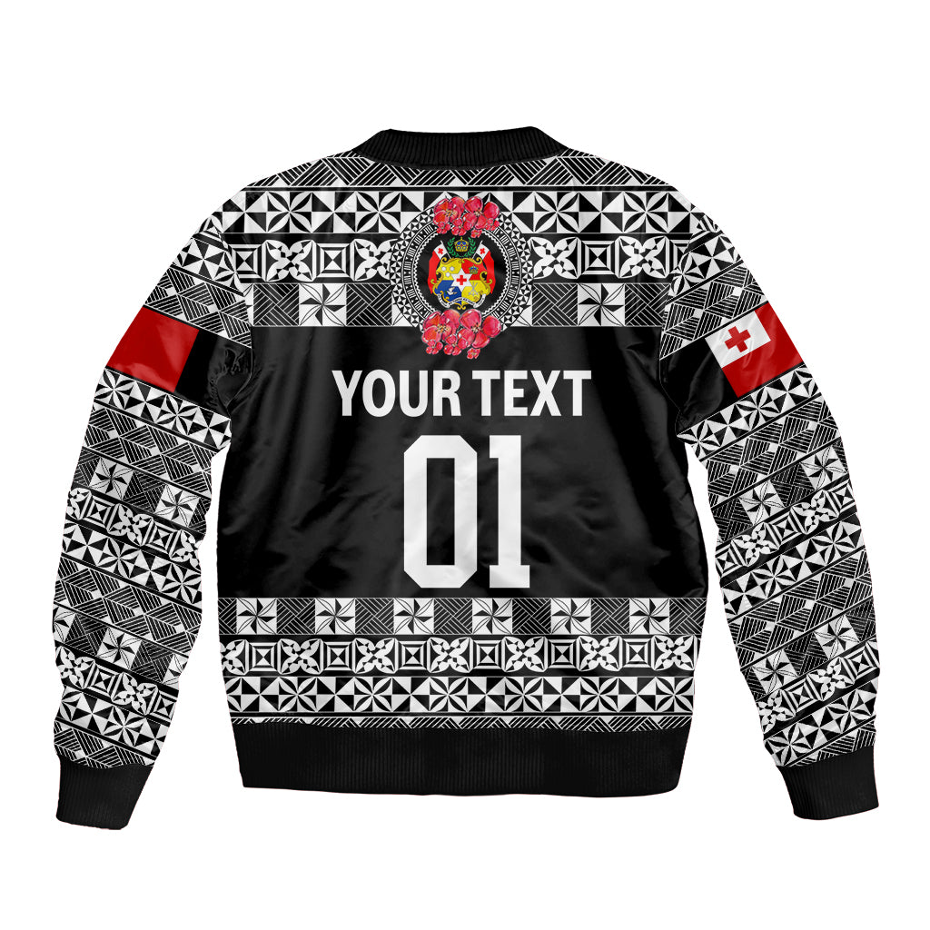 (Custom Personalised) Tonga Emancipation Day Sleeve Zip Bomber Jacket Independence Day - Simple Ngatu Heilala Flower - Black LT8 - Polynesian Pride