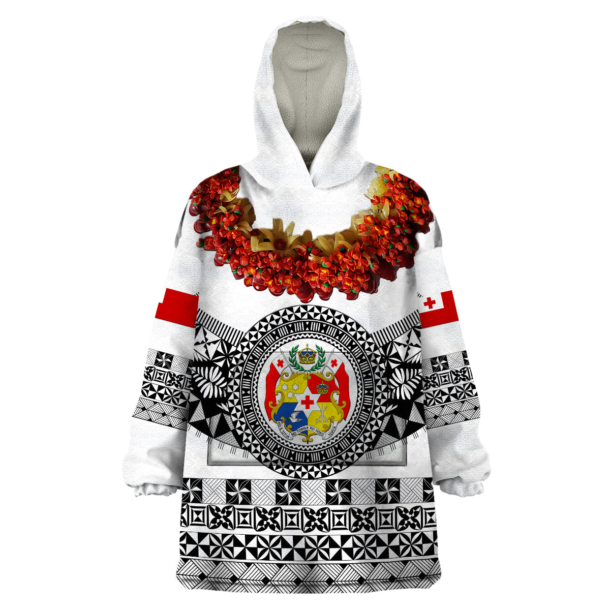 (Custom Personalised) Tonga Emancipation Day Wearable Blanket Hoodie Independence Day - Fancy Kahoa Heilala Flower - White Black LT8 Unisex One Size - Polynesian Pride