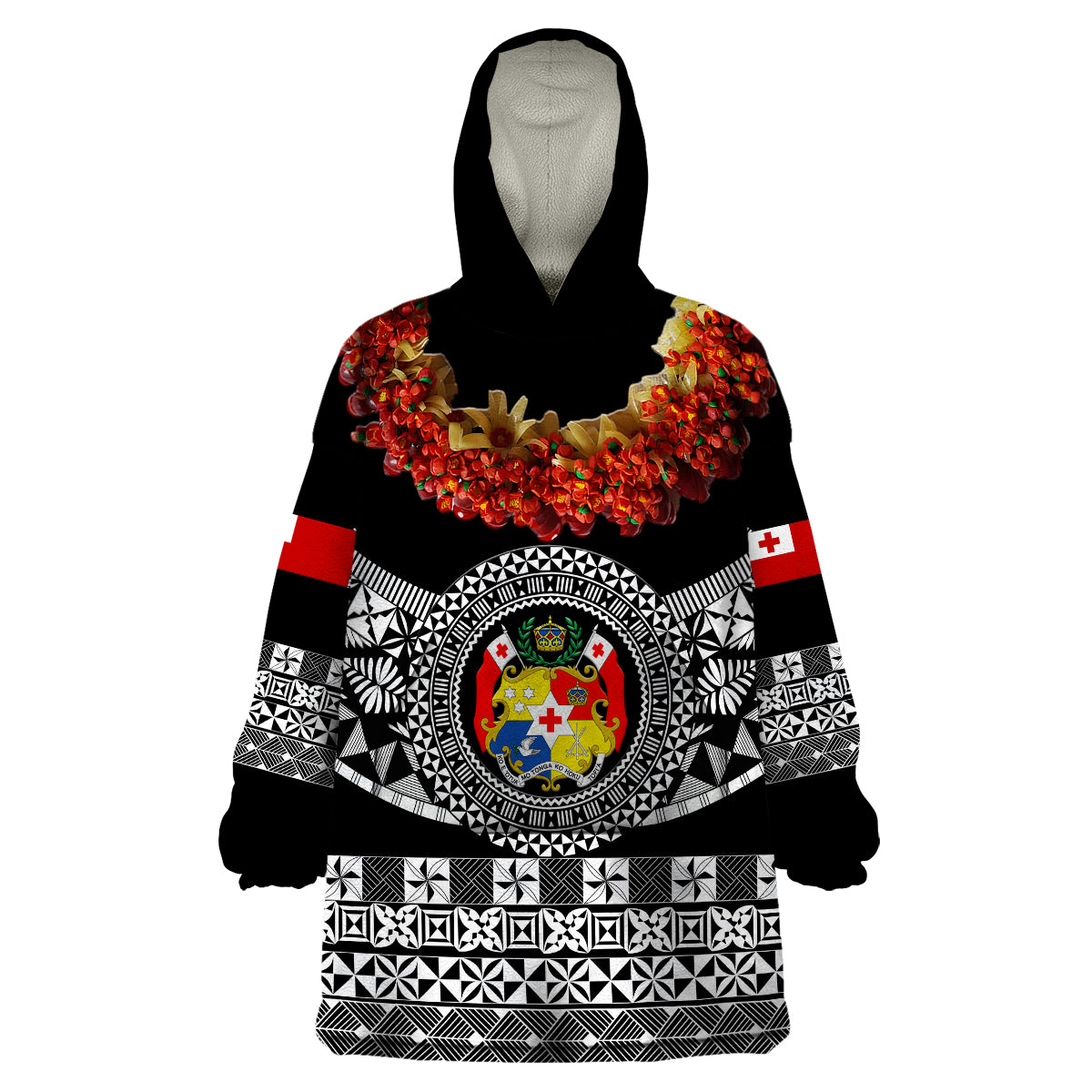 (Custom Personalised) Tonga Emancipation Day Wearable Blanket Hoodie Independence Day - Fancy Kahoa Heilala Flower - Black LT8 Unisex One Size - Polynesian Pride