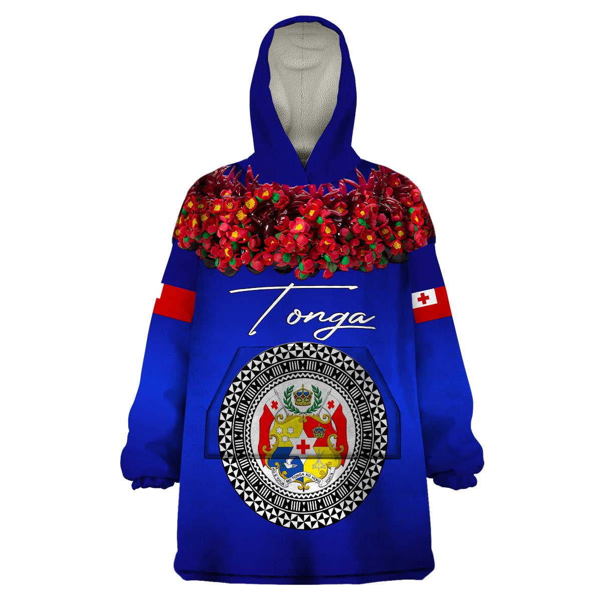 (Custom Personalised) Tonga Emancipation Day Wearable Blanket Hoodie Independence Day - Unique Kahoa Heilala Flower - Blue LT8 Unisex One Size - Polynesian Pride