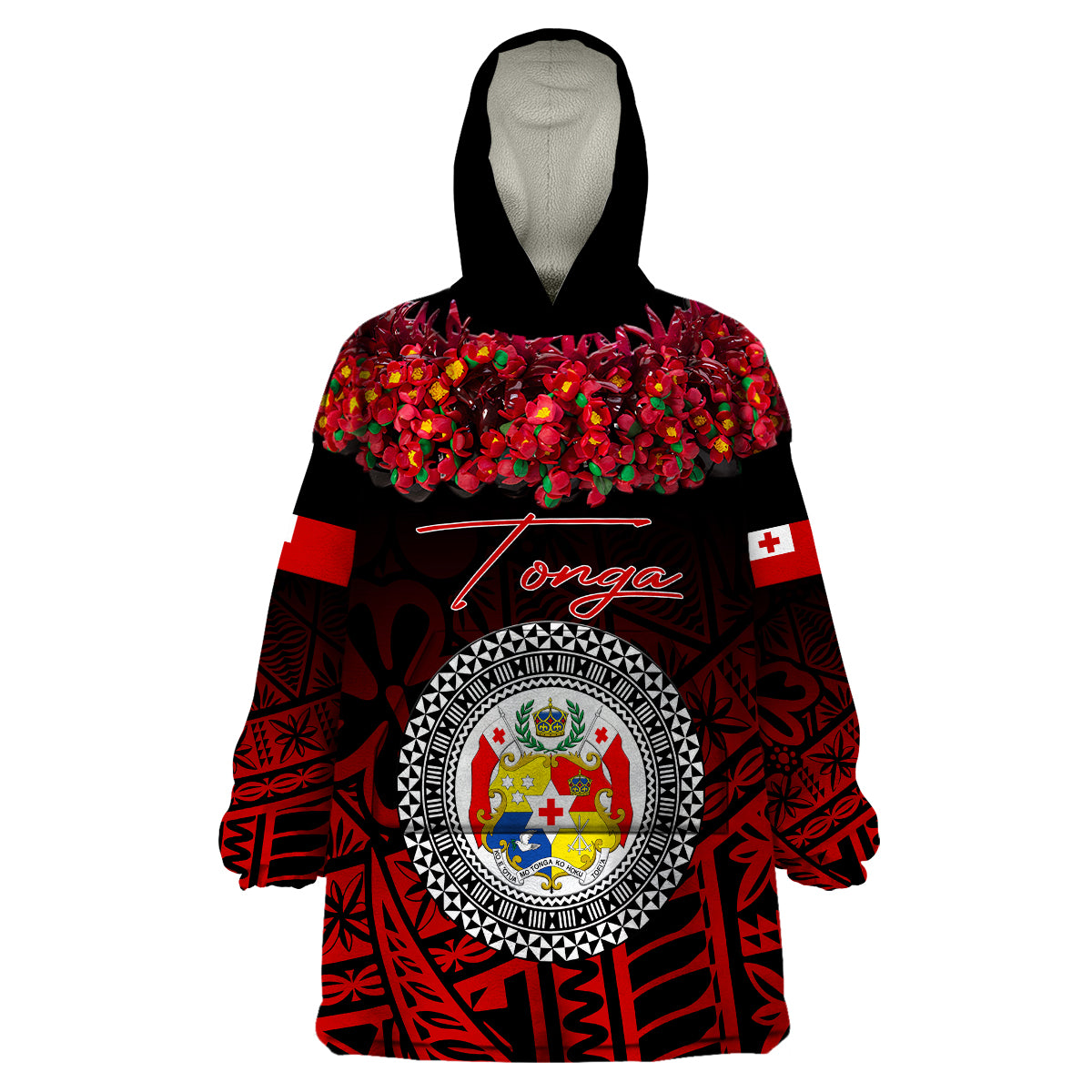 (Custom Personalised) Tonga Emancipation Day Wearable Blanket Hoodie Independence Day - Kupesi Kahoa Heilala Flower - Black LT8 Unisex One Size - Polynesian Pride