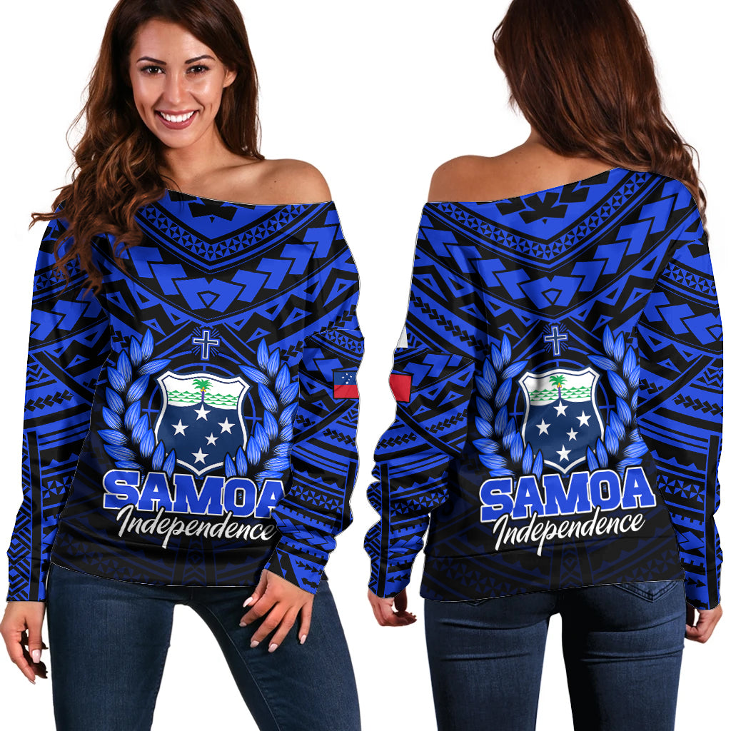 Samoa Independence Day Off Shoulder Sweater Ulafa Polynesian Unique Blue No1 LT9 Women Blue - Polynesian Pride