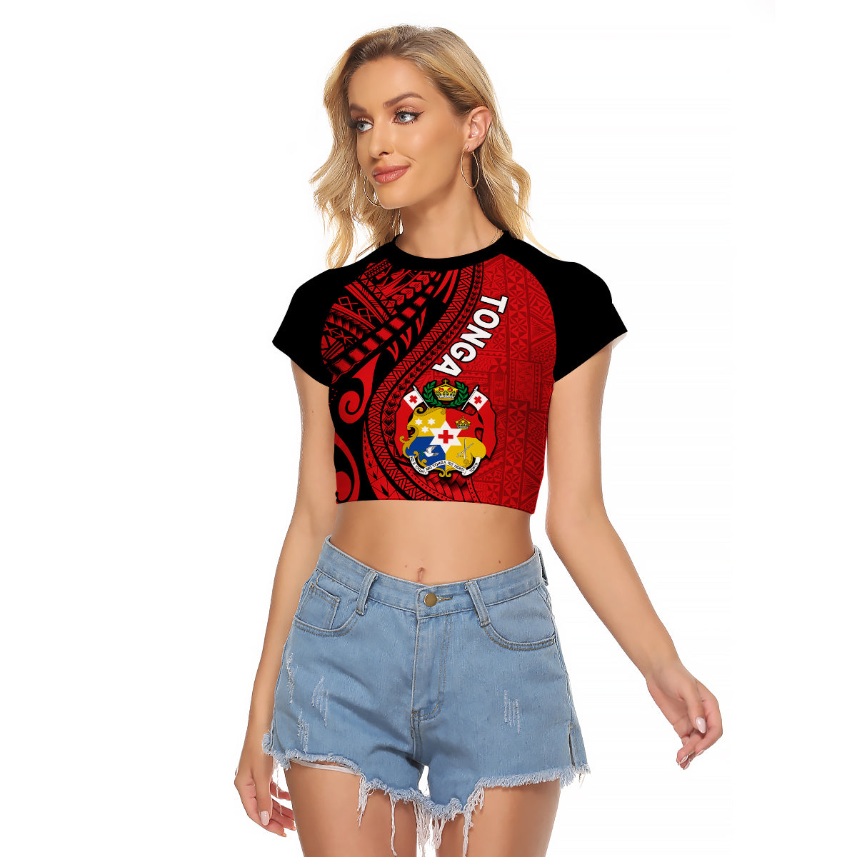 Polynesian Tonga Raglan Cropped T Shirt Tribal Pattern Unique Version LT9 Female Red - Polynesian Pride