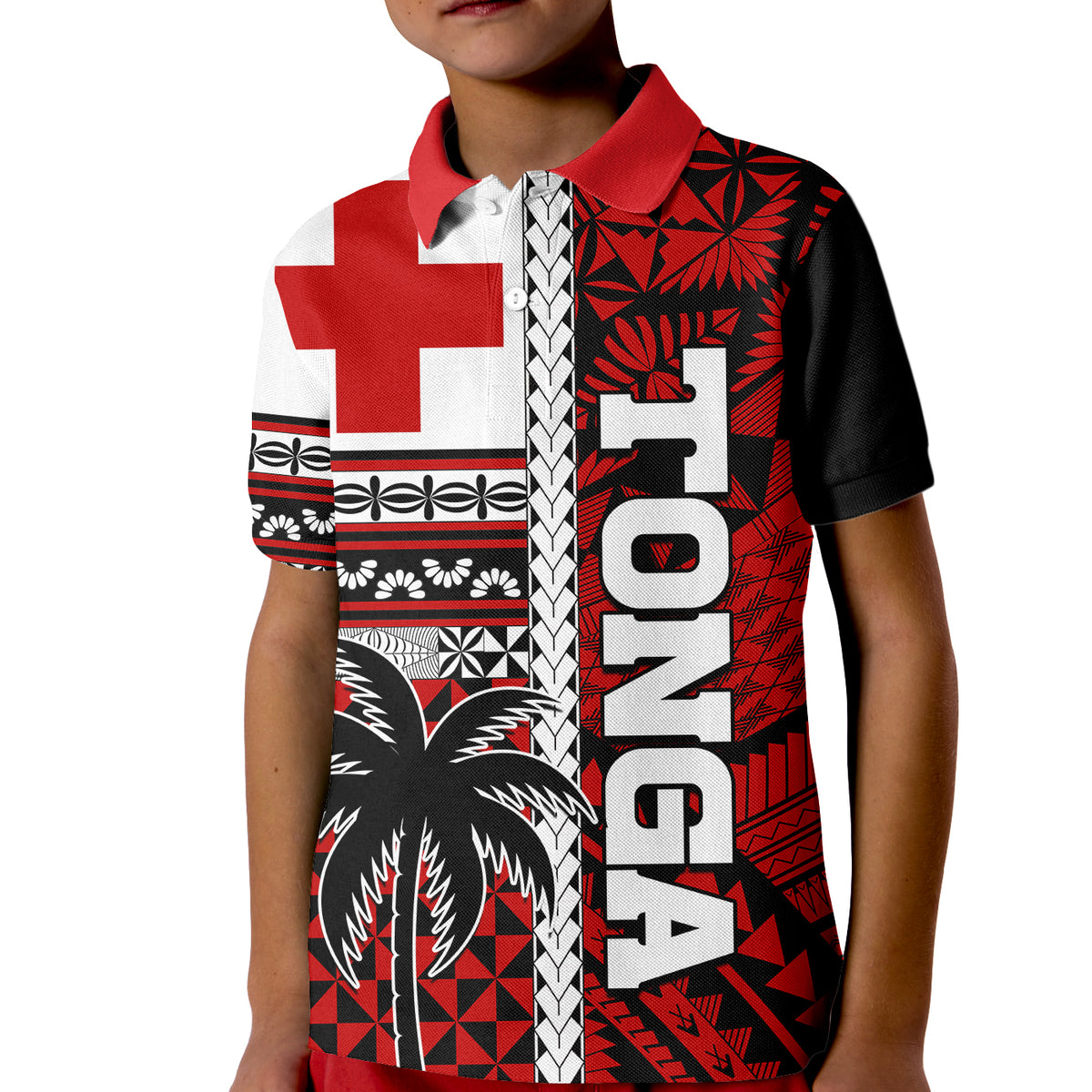 Tonga Kupesi Ngatu Kid Polo Shirt Proud Tonga with Flag and Palm Tree LT9 Kid Red - Polynesian Pride
