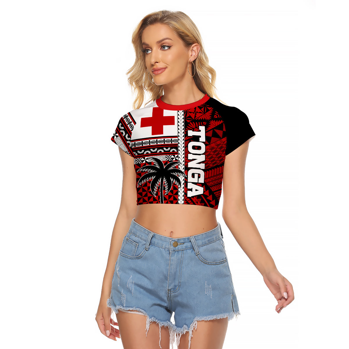 Tonga Kupesi Ngatu Raglan Cropped T Shirt Proud Tonga with Flag and Palm Tree LT9 Female Red - Polynesian Pride