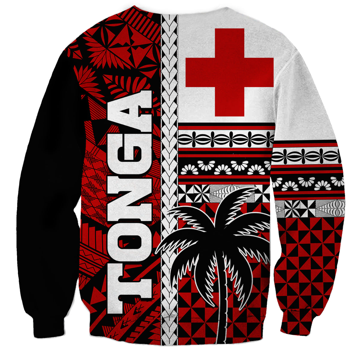 Tonga Kupesi Ngatu Sweatshirt Proud Tonga with Flag and Palm Tree LT9 - Polynesian Pride