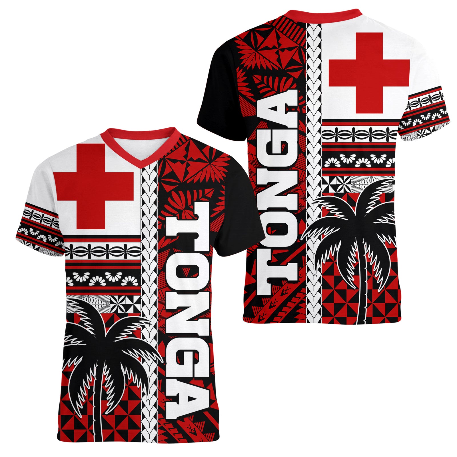 Tonga Kupesi Ngatu Women V Neck T Shirt Proud Tonga with Flag and Palm Tree LT9 Female Red - Polynesian Pride