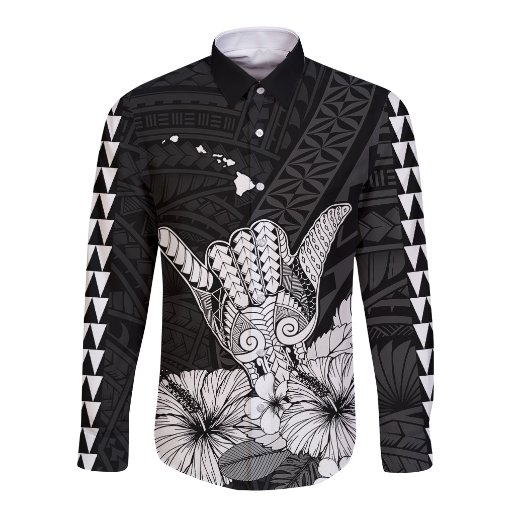 Hawaii Shaka Sign Long Sleeve Button Shirt Black Version LT9 Unisex Black - Polynesian Pride