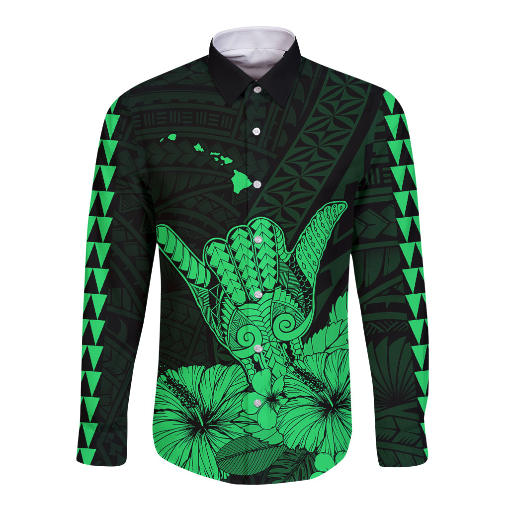 Hawaii Shaka Sign Long Sleeve Button Shirt Green Version LT9 Unisex Green - Polynesian Pride