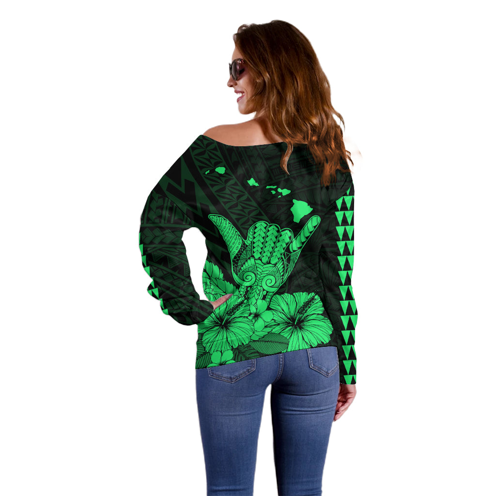 Hawaii Shaka Sign Off Shoulder Sweater Green Version LT9 - Polynesian Pride