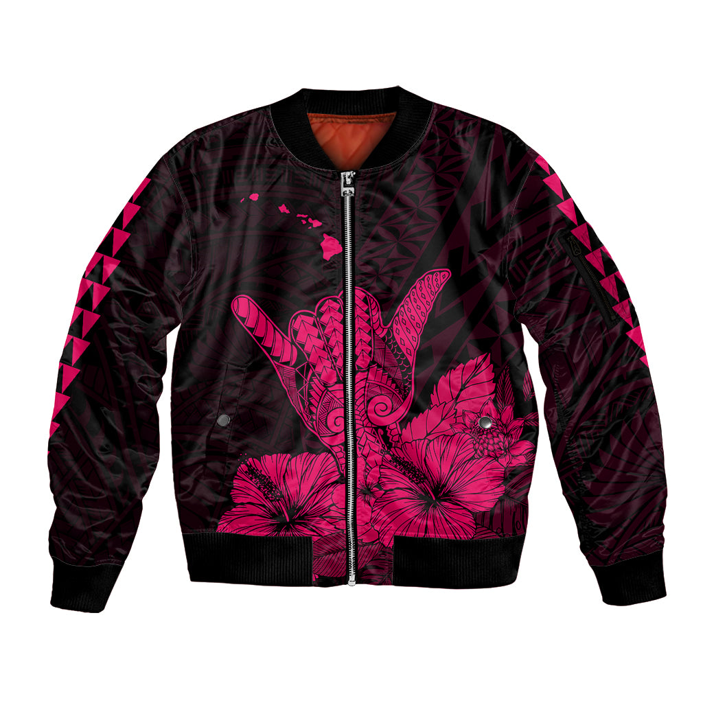 Hawaii Shaka Sign Sleeve Zip Bomber Jacket Pink Version LT9 Unisex Pink - Polynesian Pride