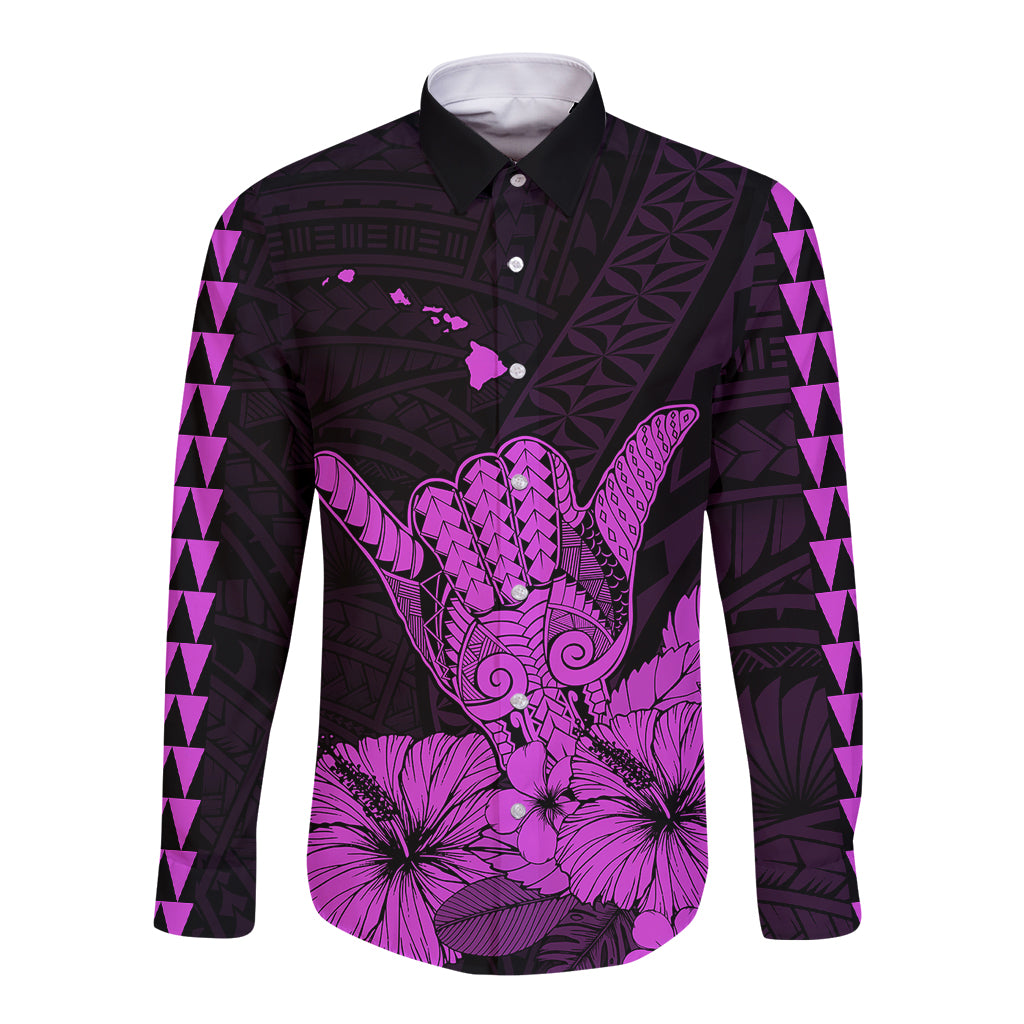 Hawaii Shaka Sign Long Sleeve Button Shirt Purple Version LT9 Unisex Purple - Polynesian Pride