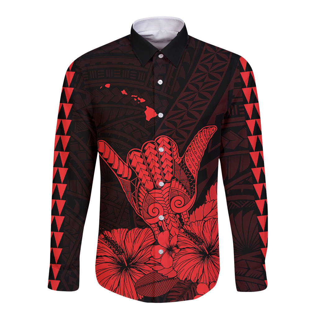 Hawaii Shaka Sign Long Sleeve Button Shirt Red Version LT9 Unisex Red - Polynesian Pride