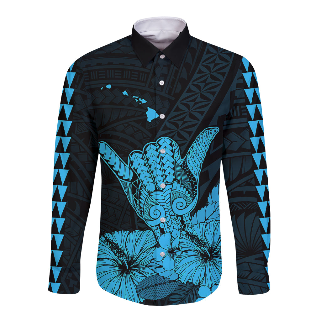 Hawaii Shaka Sign Long Sleeve Button Shirt Blue Version LT9 Unisex Blue - Polynesian Pride