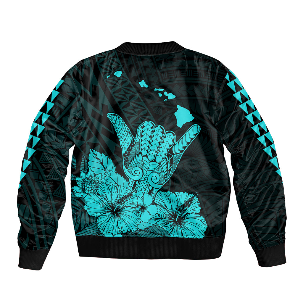 Hawaii Shaka Sign Sleeve Zip Bomber Jacket Turquoise Version LT9 - Polynesian Pride