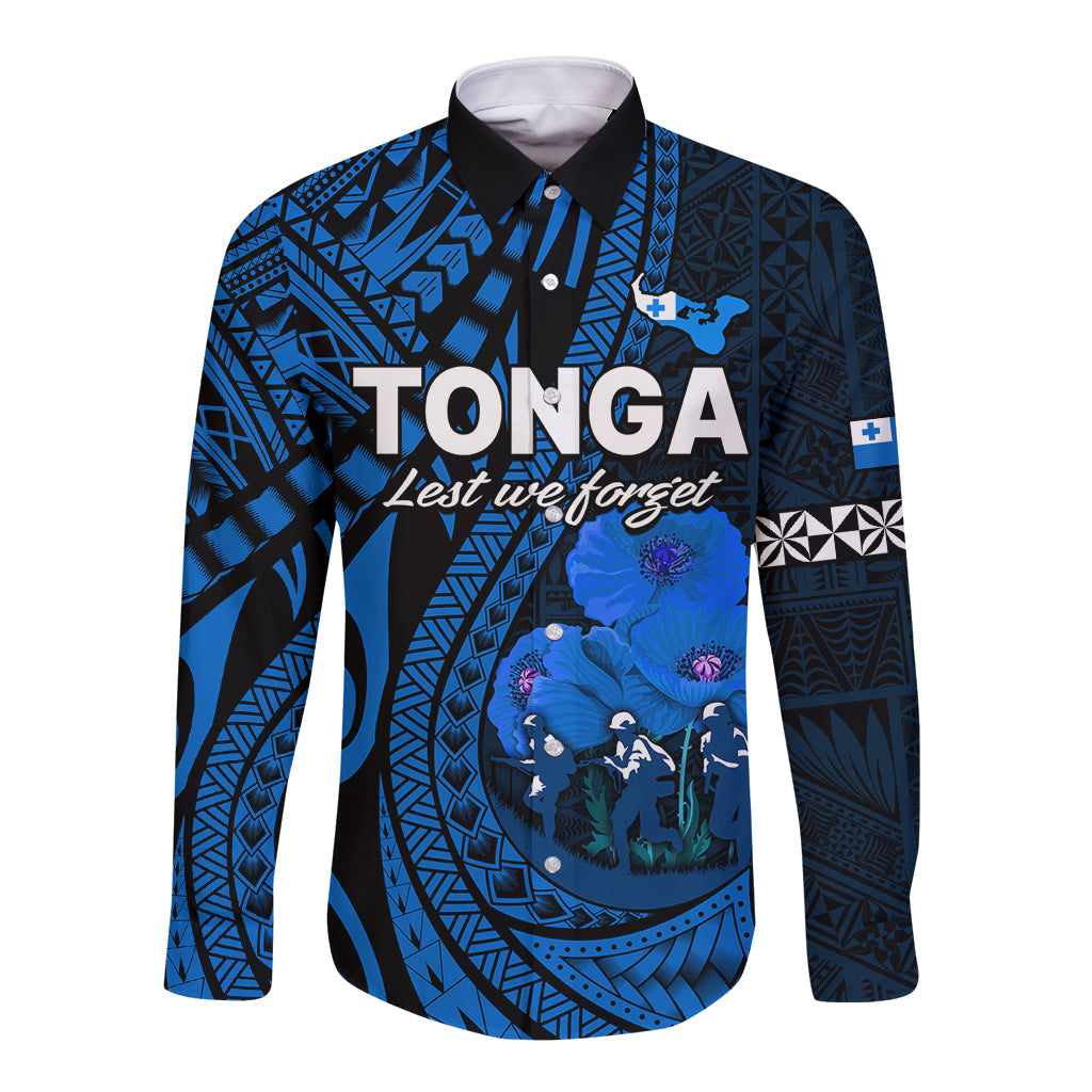 Tonga ANZAC Day Long Sleeve Button Shirt Lest We Forget Blue Version LT9 Unisex Blue - Polynesian Pride