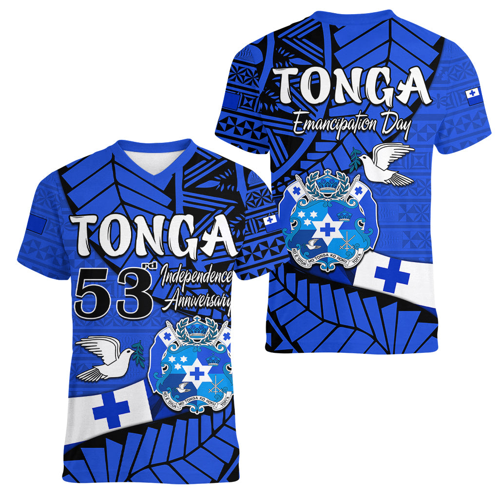 Tonga Emancipation Day Women V Neck T Shirt Happy 53rd Independence Anniversary Blue Version LT9 Female Blue - Polynesian Pride