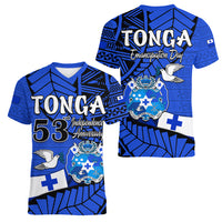 Tonga Emancipation Day Women V Neck T Shirt Happy 53rd Independence Anniversary Blue Version LT9 Female Blue - Polynesian Pride