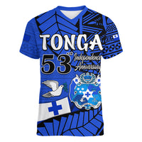 Tonga Emancipation Day Women V Neck T Shirt Happy 53rd Independence Anniversary Blue Version LT9 - Polynesian Pride