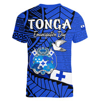 Tonga Emancipation Day Women V Neck T Shirt Happy 53rd Independence Anniversary Blue Version LT9 - Polynesian Pride