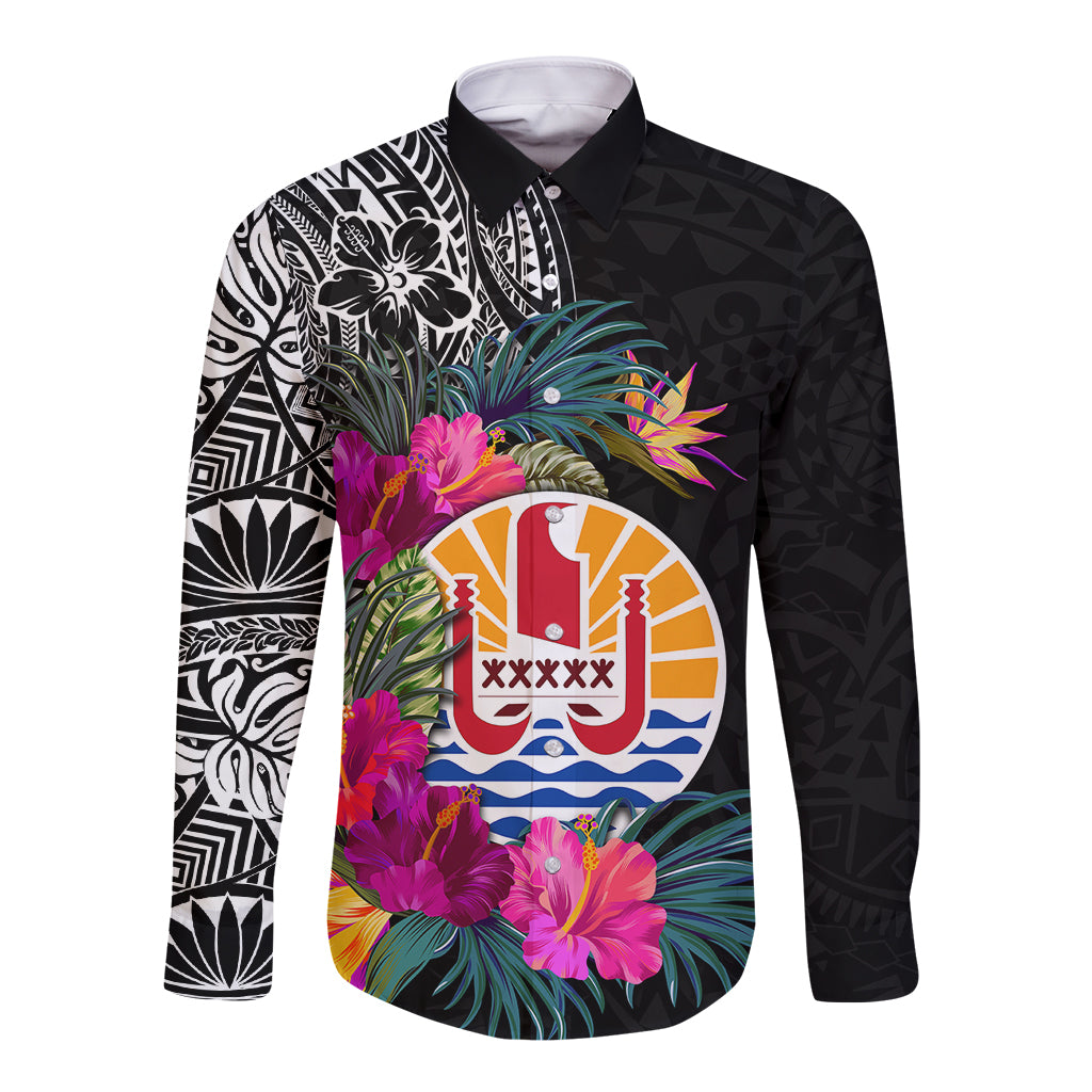 Tahiti Island Long Sleeve Button Shirt French Polynesian Tropical LT9 Unisex Black - Polynesian Pride