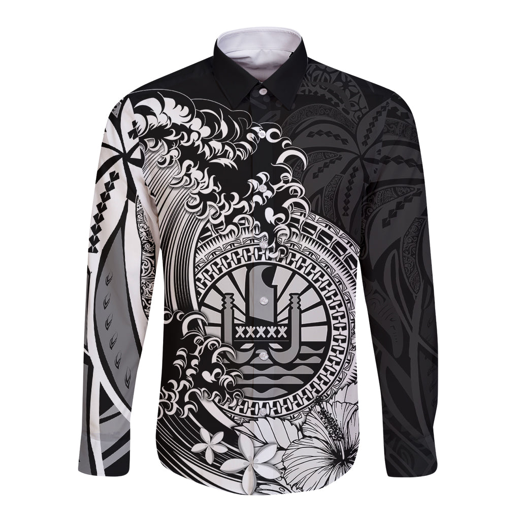 Polynesian Tahiti Island Long Sleeve Button Shirt The Wave of Water - Black LT9 Unisex Black - Polynesian Pride