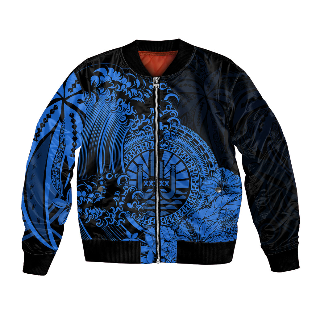 Polynesian Tahiti Island Bomber Jacket The Wave of Water - Blue LT9 Unisex Blue - Polynesian Pride