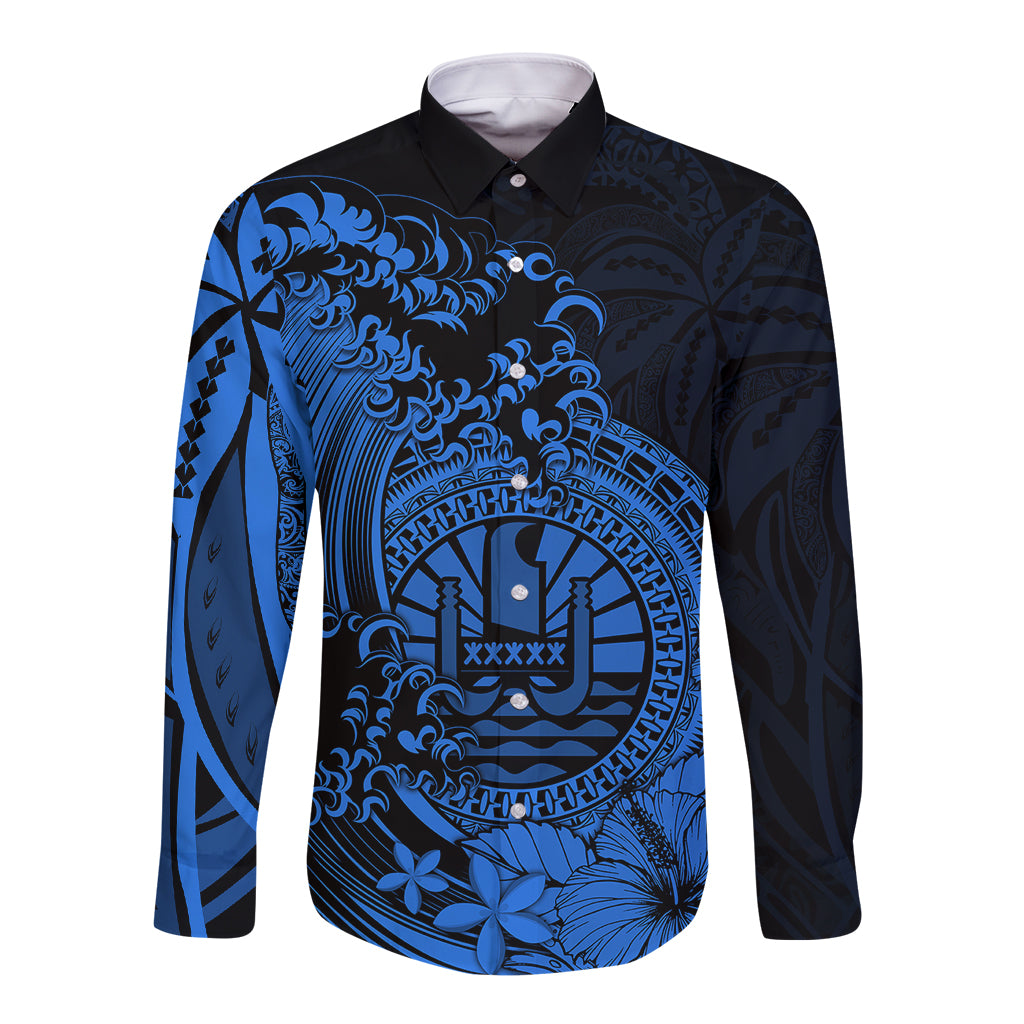 Polynesian Tahiti Island Long Sleeve Button Shirt The Wave of Water - Blue LT9 Unisex Blue - Polynesian Pride