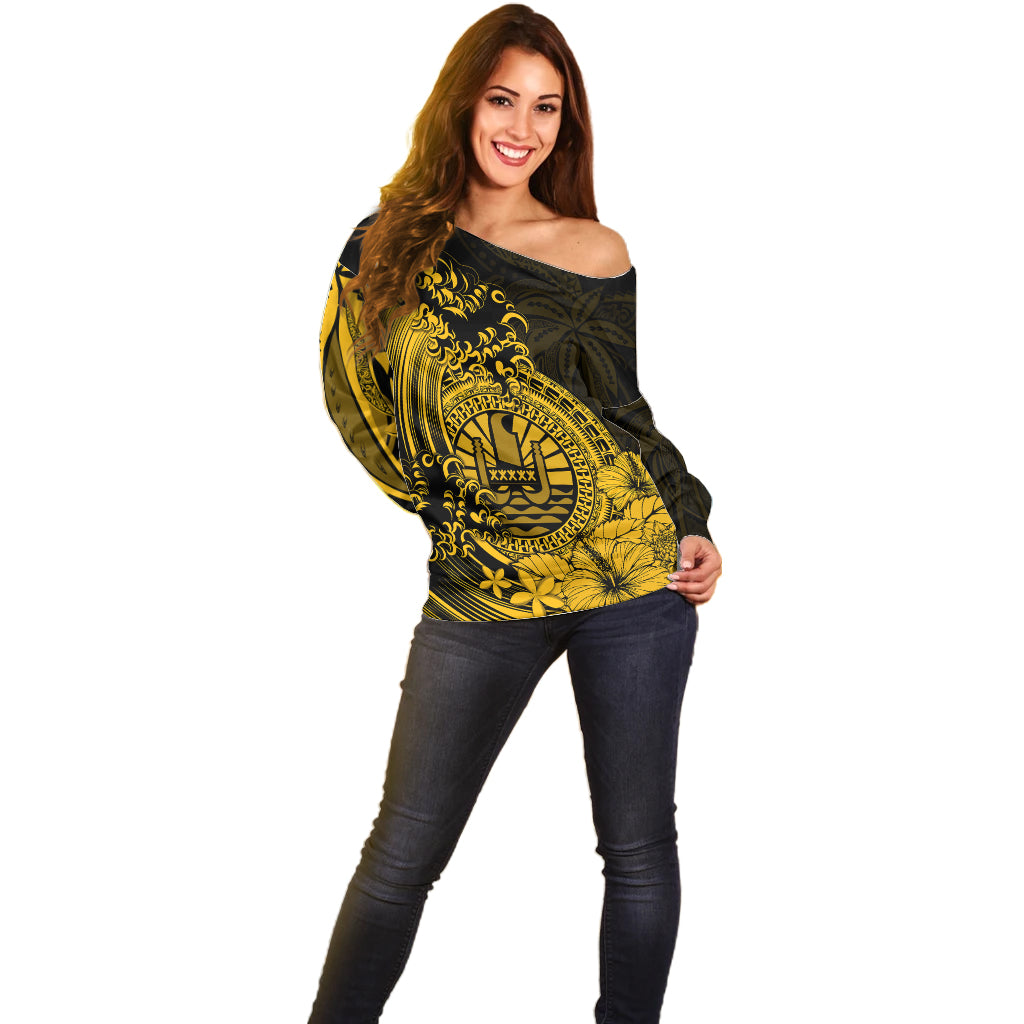 Polynesian Tahiti Island Off Shoulder Sweater The Wave of Water - Gold LT9 - Polynesian Pride