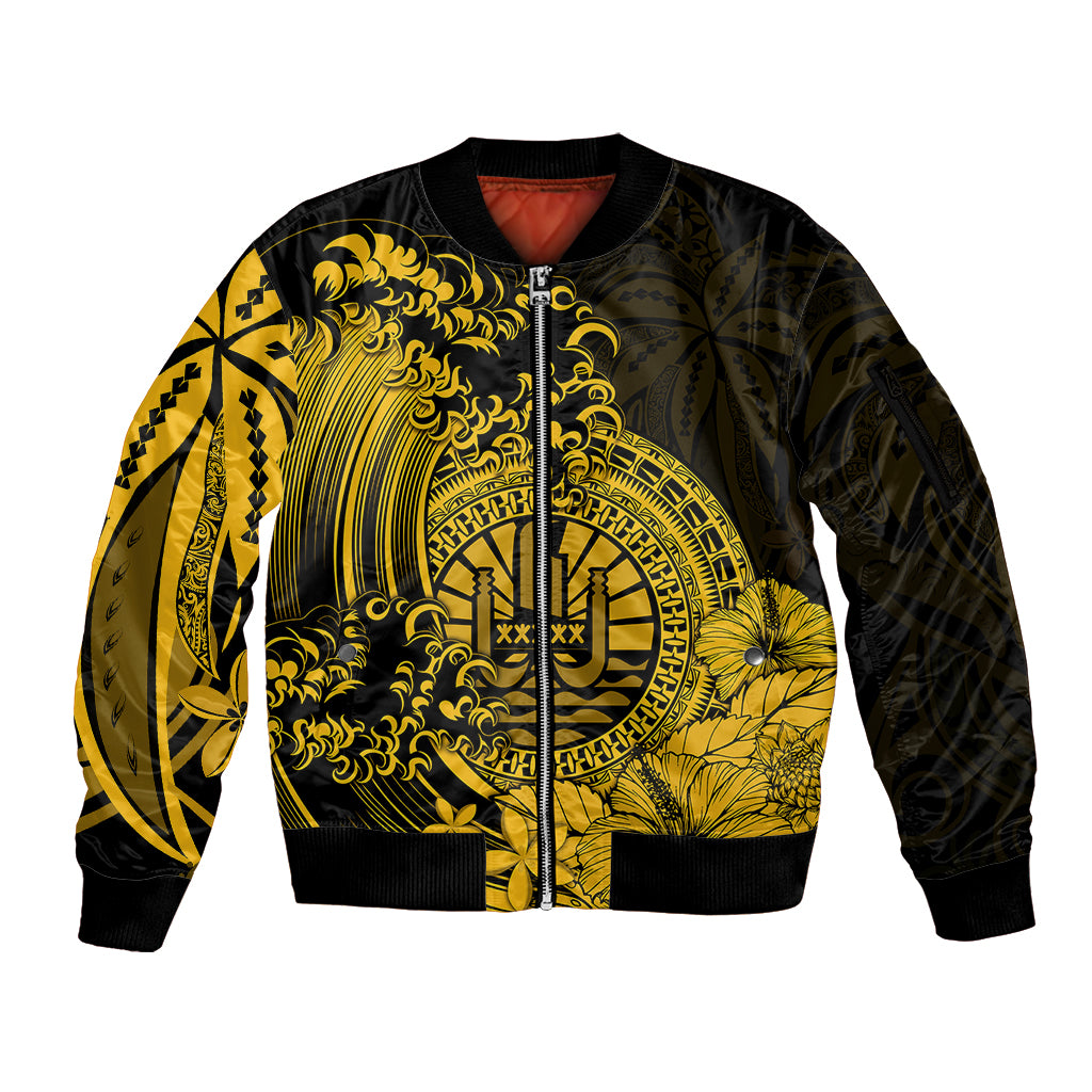 Polynesian Tahiti Island Sleeve Zip Bomber Jacket The Wave of Water - Gold LT9 Unisex Gold - Polynesian Pride