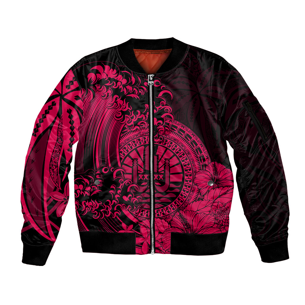 Polynesian Tahiti Island Sleeve Zip Bomber Jacket The Wave of Water - Pink LT9 Unisex Pink - Polynesian Pride